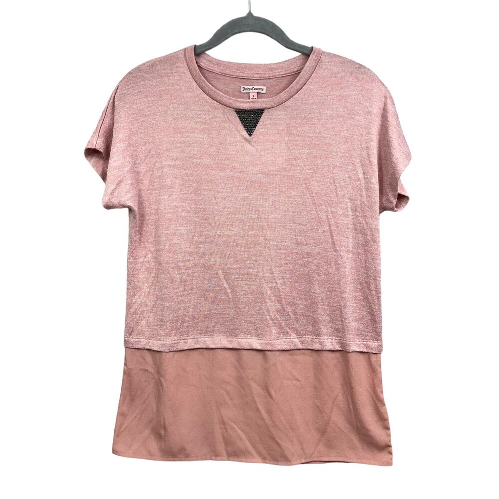 Juicy Couture Women Top Blouse Sequence Embellished Neck Short Sleeve Pink Sz S*